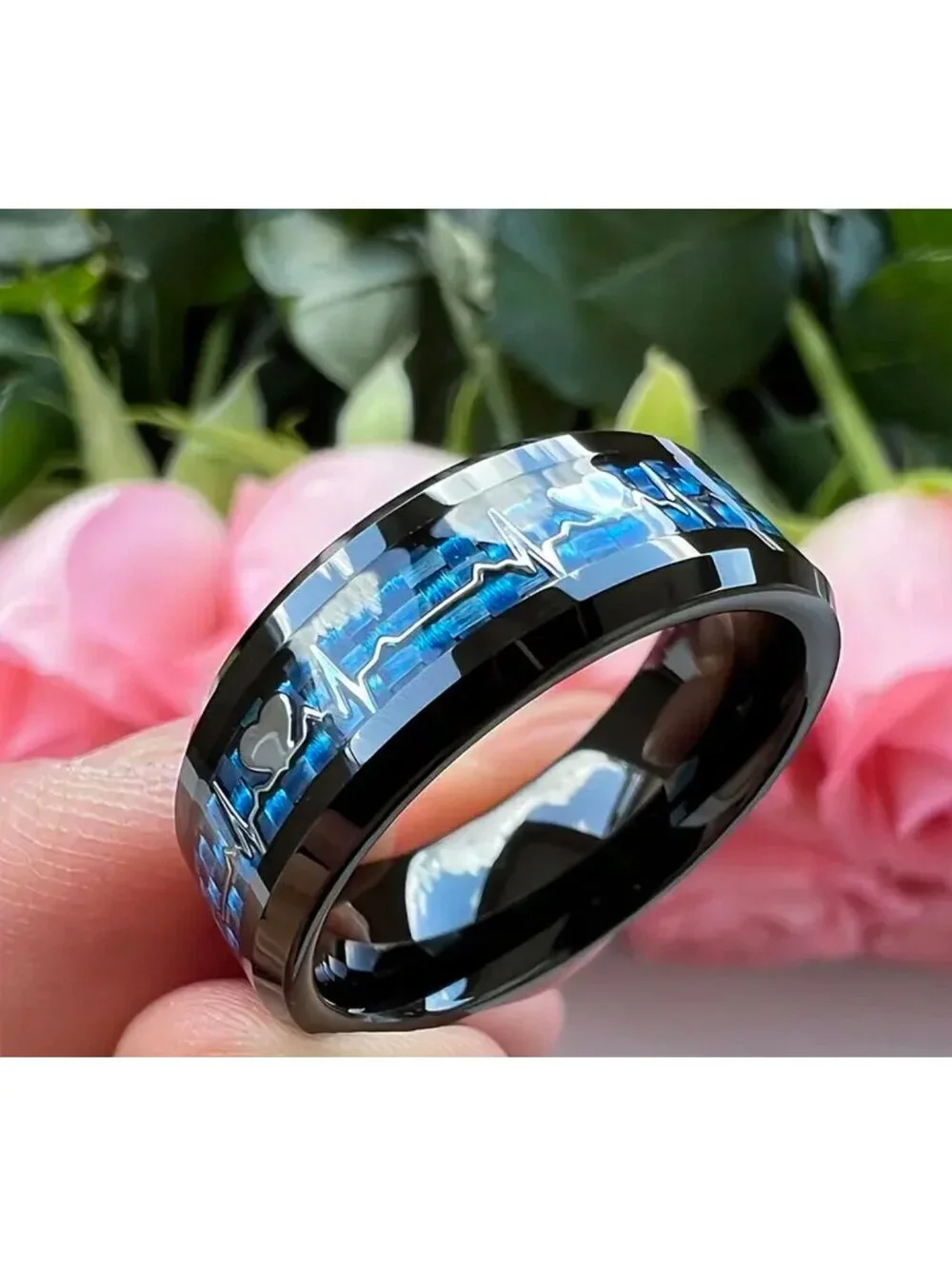 New - Stylish Stainless Steel 8mm Ring with Heartbeat Design - Size 10